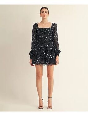 Black Polka Dot Long-Sleeve Mini Dress